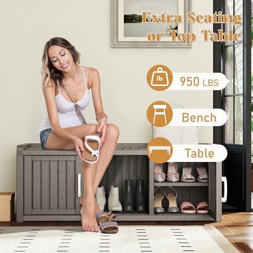 Waterproof Shoe Storage Cabinet Bench 2 Door Resin Unit with Shelves Grey