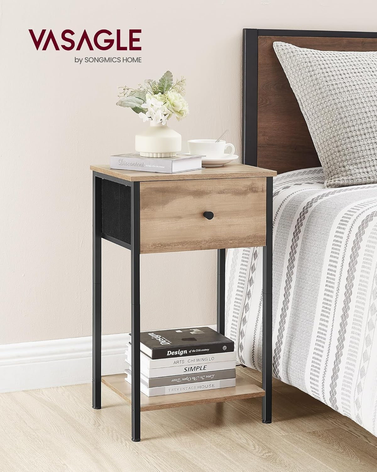 Tall Oak Bedside Table with Drawer & Shelf, Modern 24-Inch Nightstand Storage