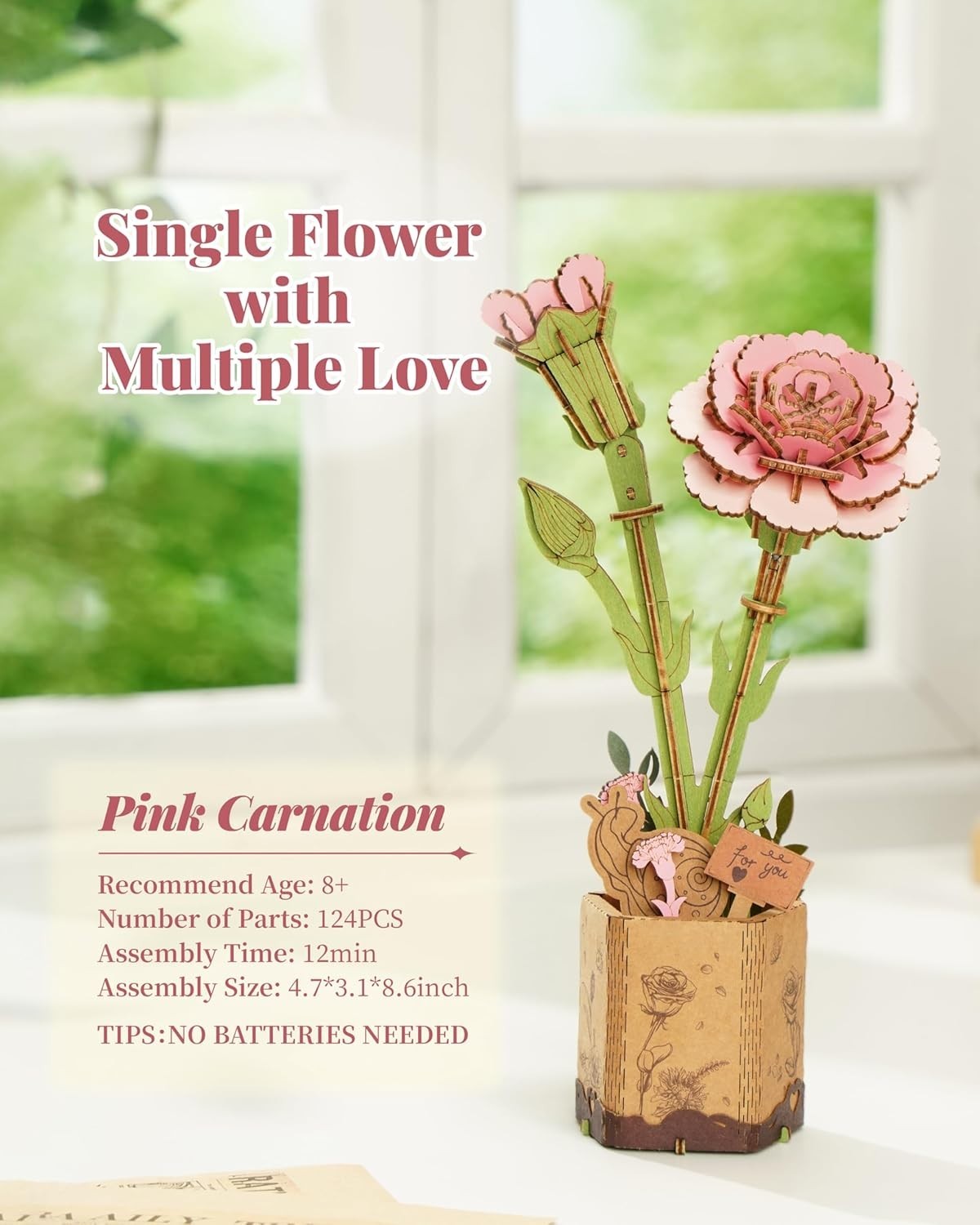 3D Wooden Pink Carnation Puzzle Kit – DIY Floral Craft Gift Decor