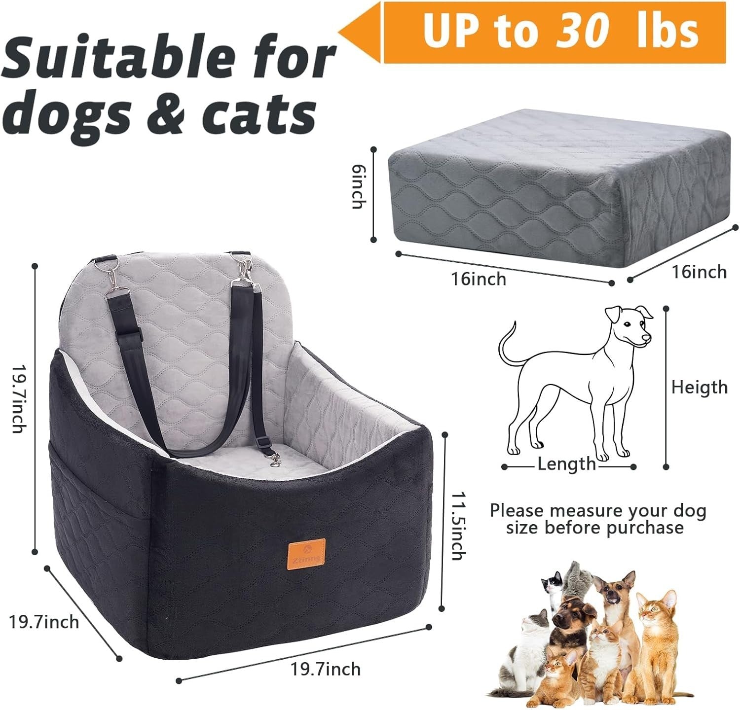 Dog Booster Seat 30lb Memory Foam Pet Travel Bed Washable Cover