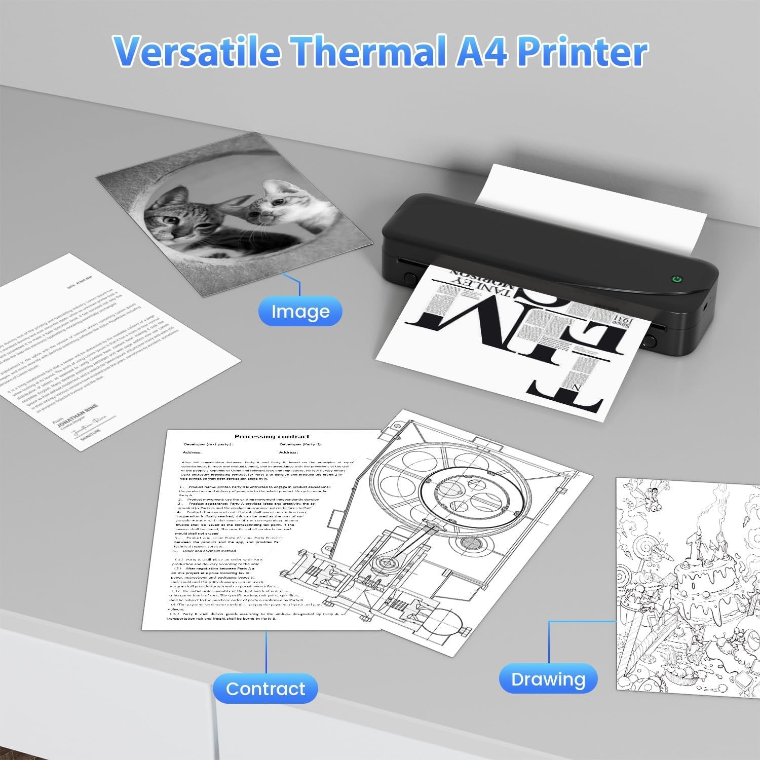 A4 Portable Thermal Printer Wireless Bluetooth Inkless 300DPI