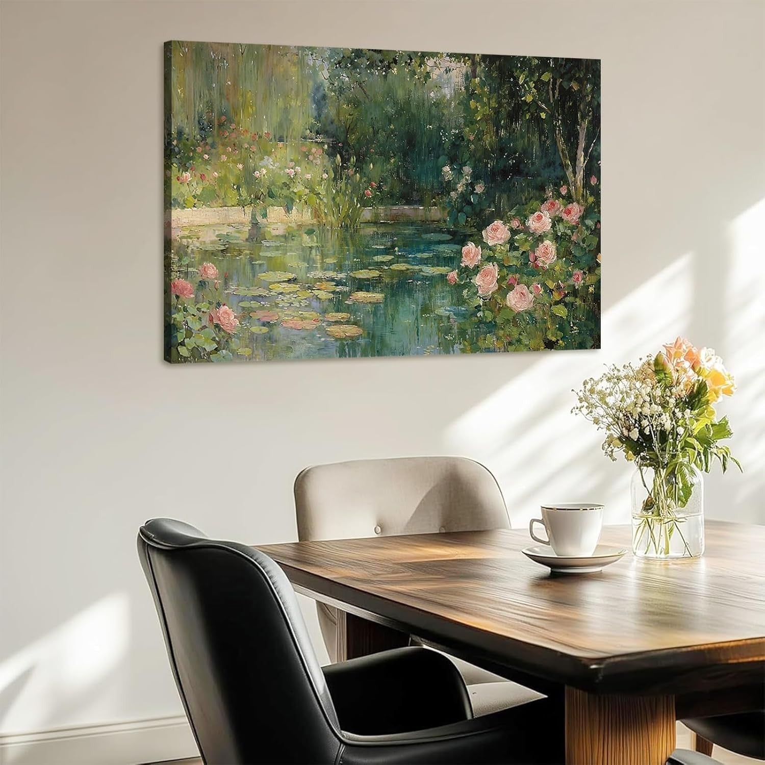 Impressionist Floral Pond Canvas Wall Art Framed Botanical Landscape Decor