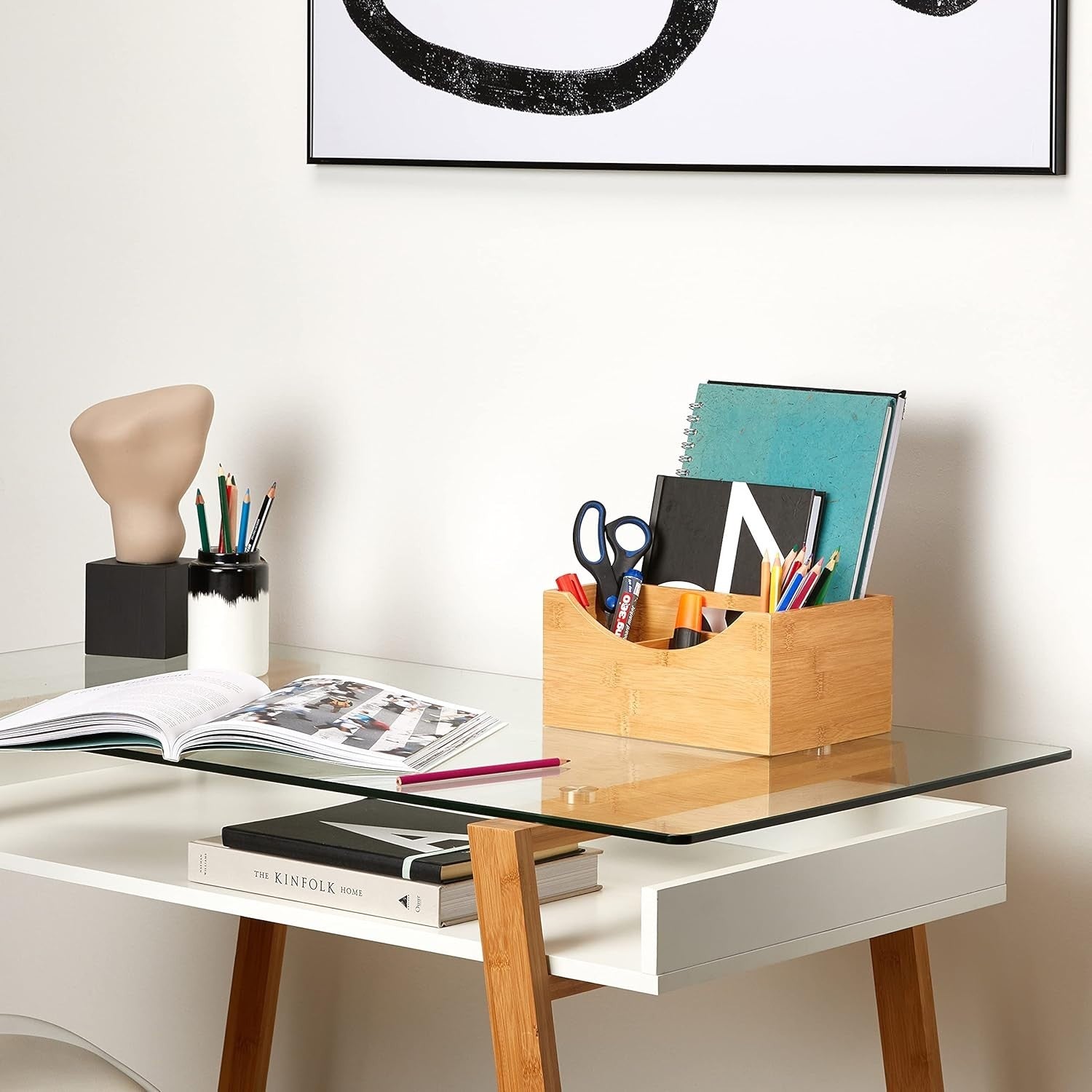 Bamboo Desk Organizer Pen Holder File Sorter | Compact Office Storage