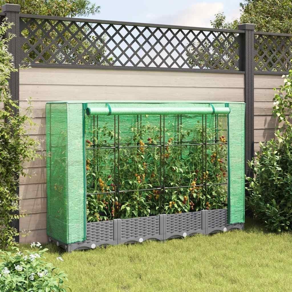 Extra Large Light Grey Rattan Look Raised Garden Bed with Greenhouse Cover