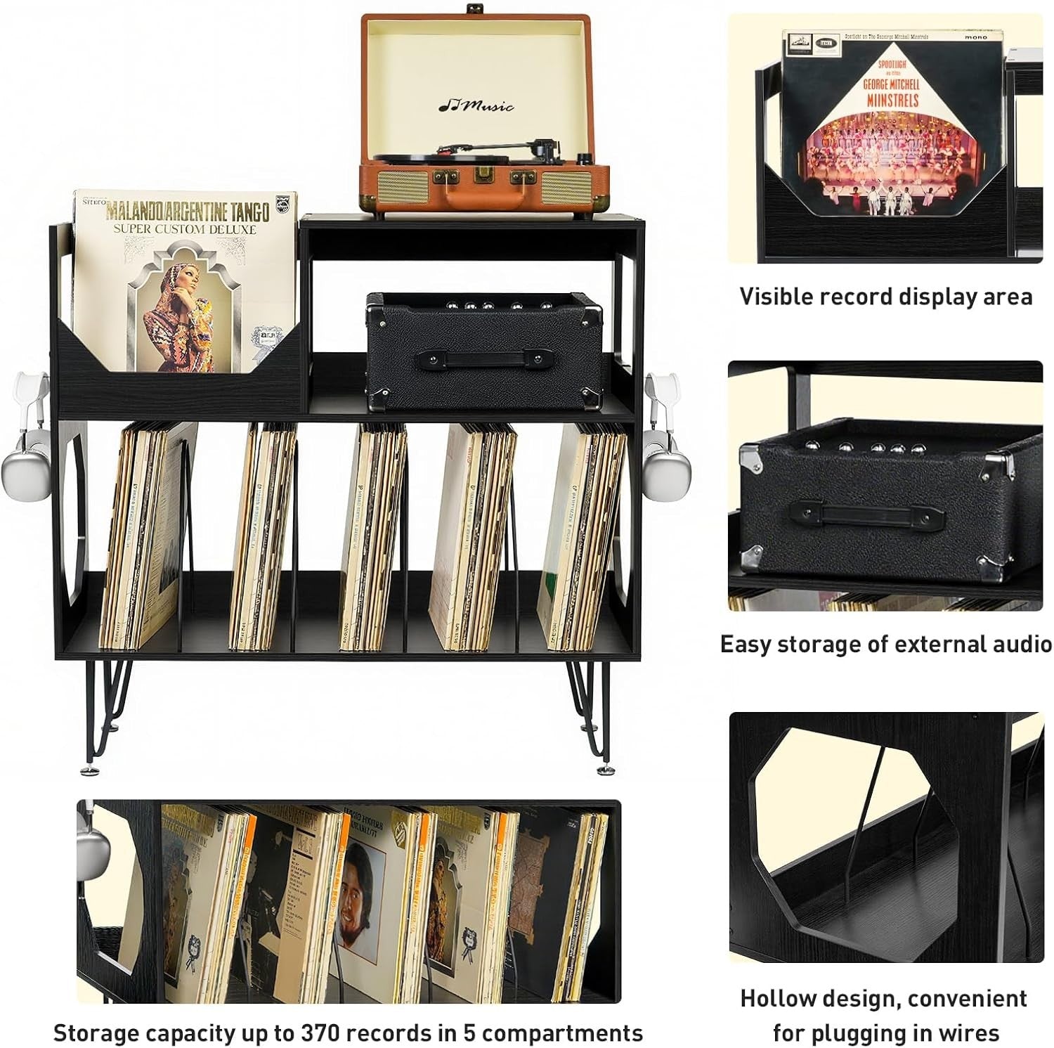 Large Record Player Stand Vinyl Storage Cabinet Holds 370 Albums Black