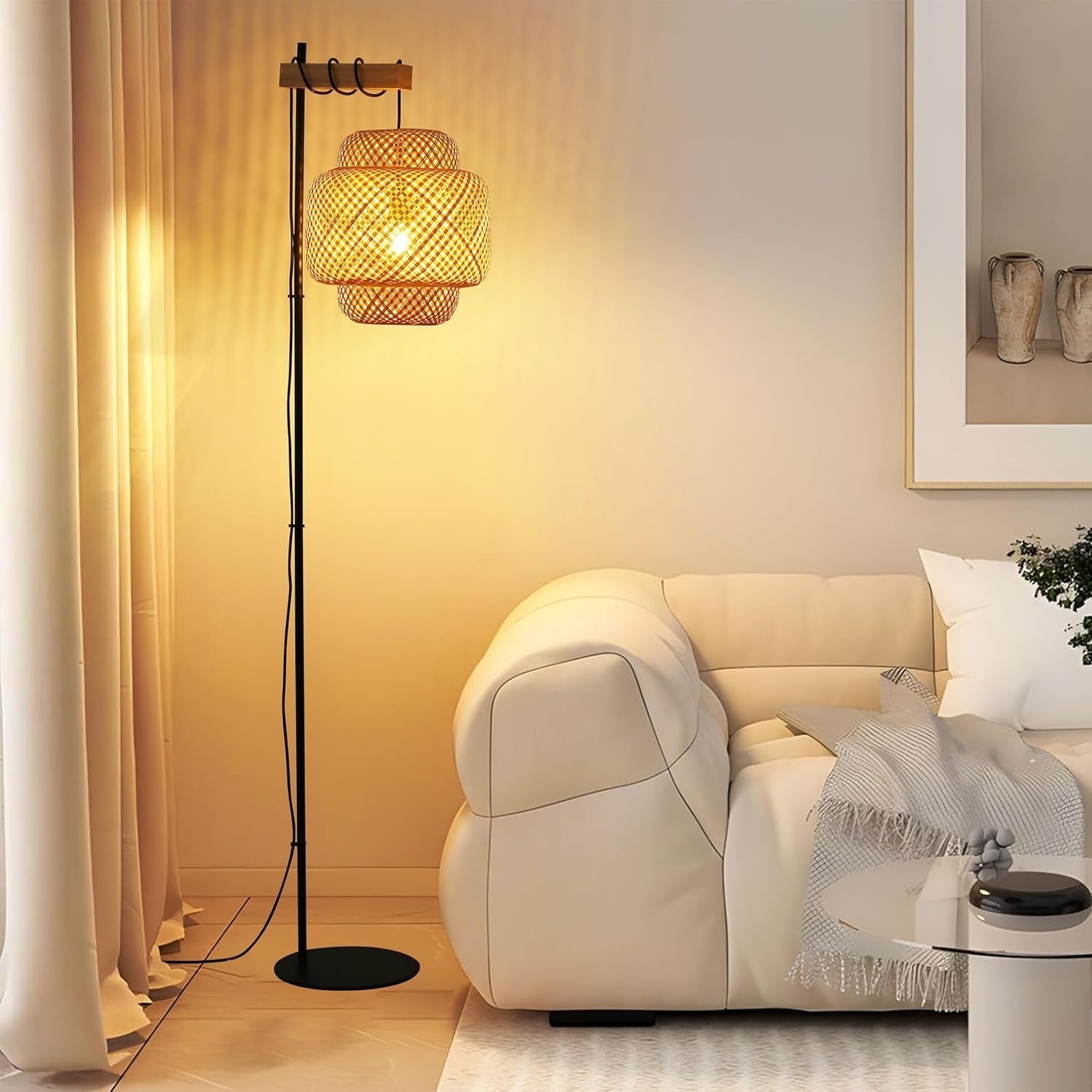 Boho Bamboo Floor Lamp with Foot Switch & Industrial Cake Shade