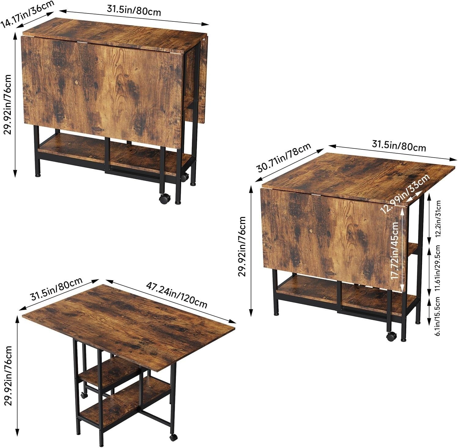 Brown Wooden Folding Drop Leaf Dining Table with Storage Shelves on Wheels