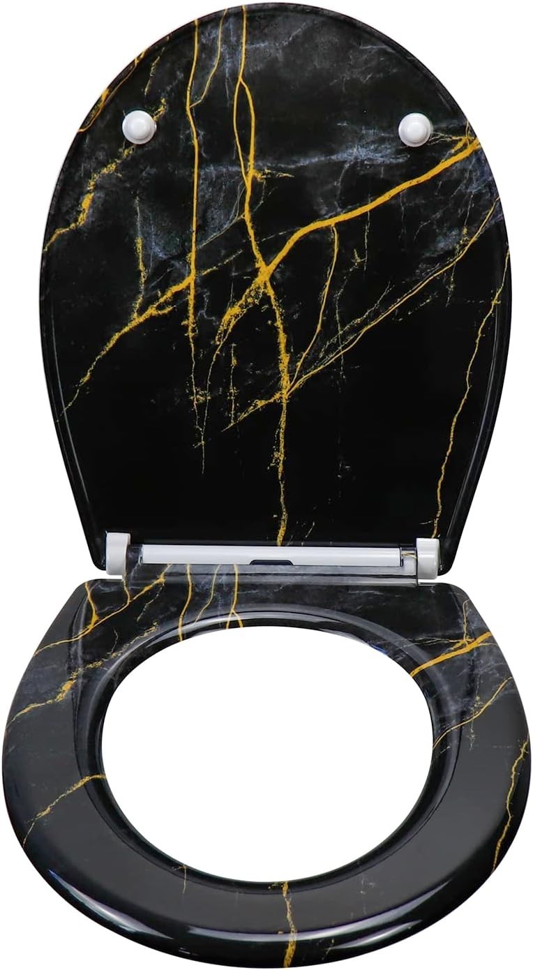 Black Marble Toilet Seat Soft Close Quick Release Top Fix 45x37cm