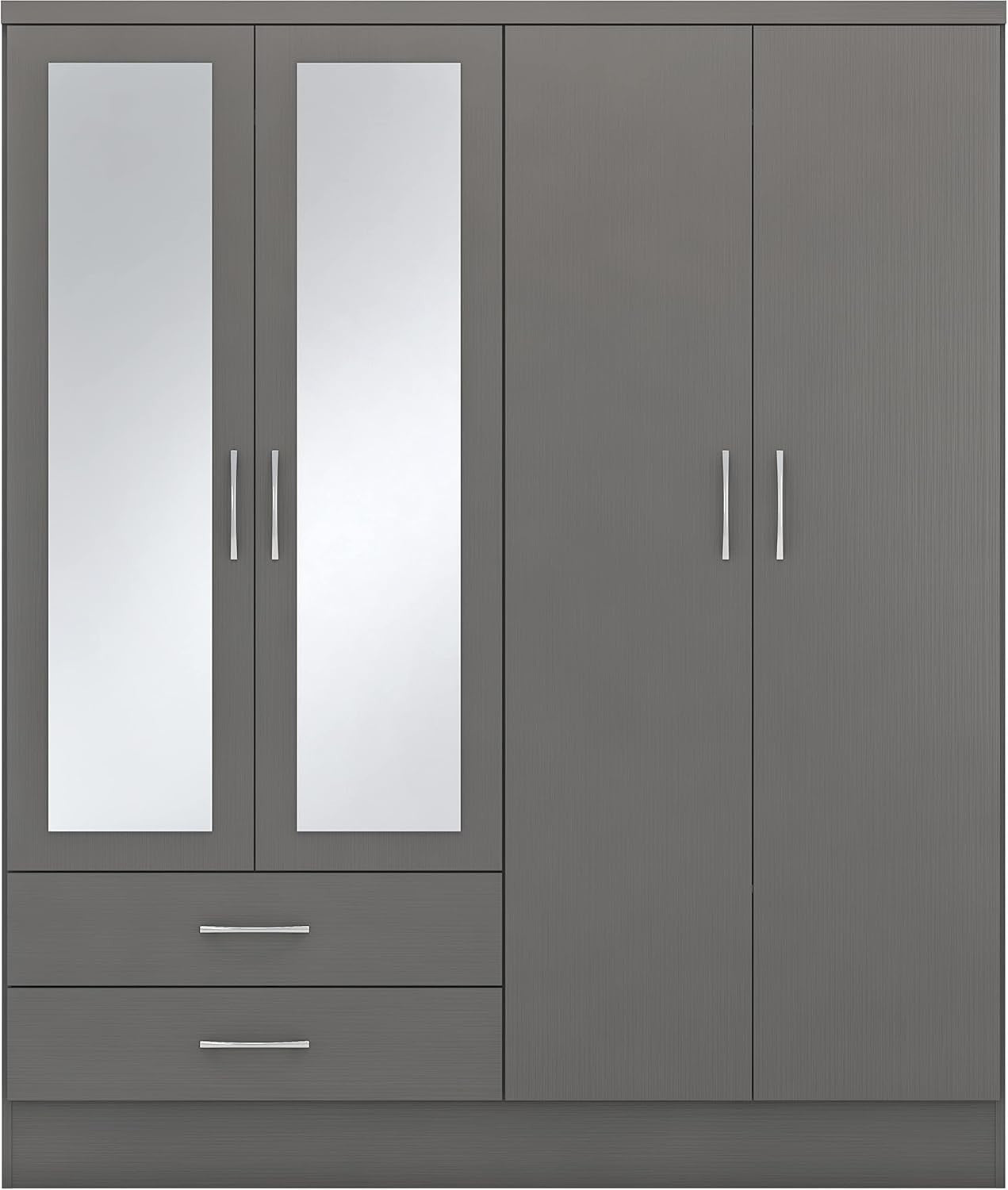 Modern 4 Door 2 Drawer Grey Wardrobe with Mirror & Spacious Storage