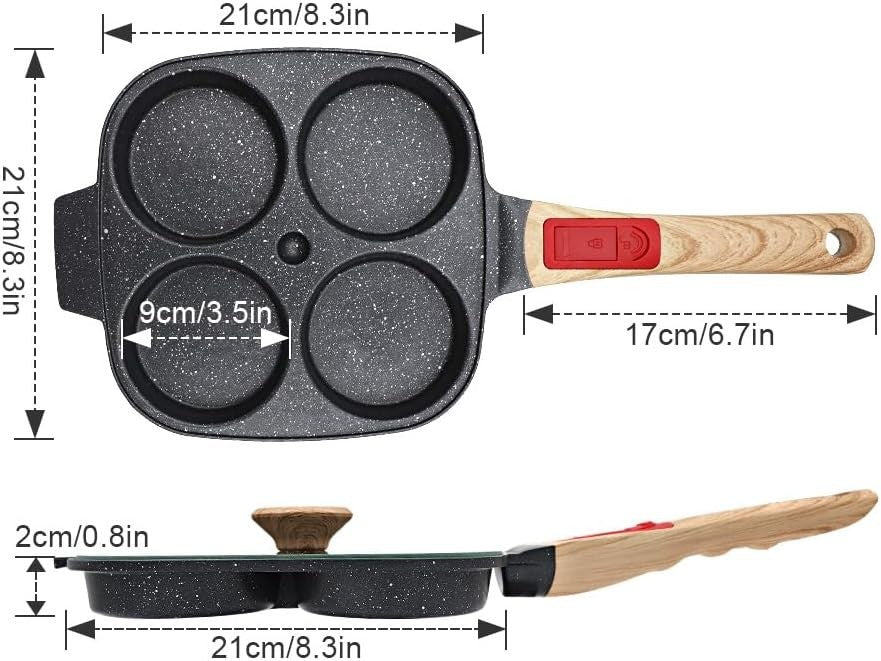 4-Cup Egg Pan Non-Stick Pancake Skillet w/ Lid & Detachable Handle Black
