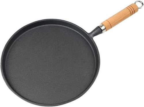 26cm Cast Iron Crepe Pan, Heavy Duty Non Stick Griddle with Wooden Handle