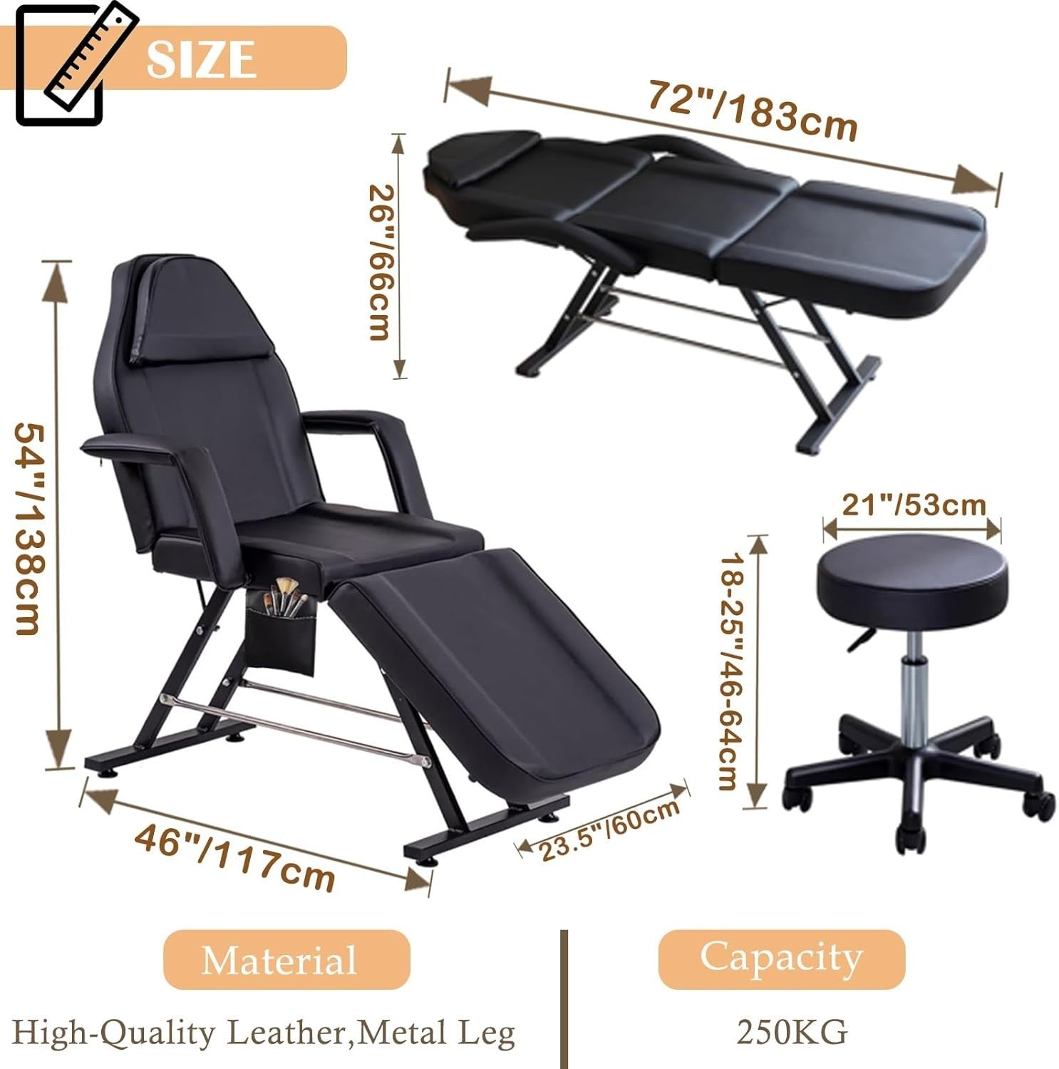 3-Section Adjustable Beauty Massage Bed w/ Stool Sheets Lash Tattoo Spa Table
