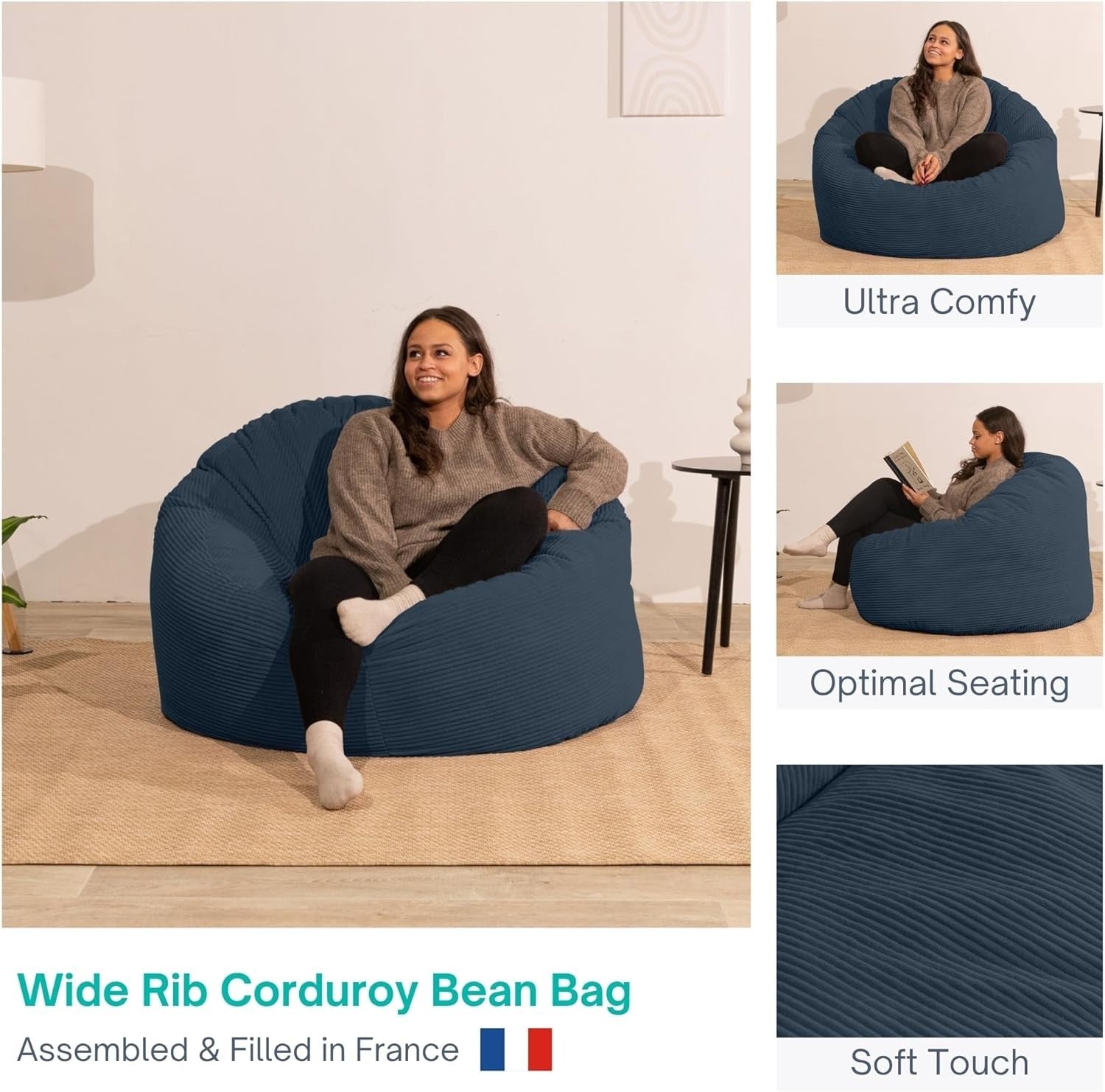 Giant Bean Bag Chair Foam Filled Corduroy Soft Lounge Seat with Back Support
