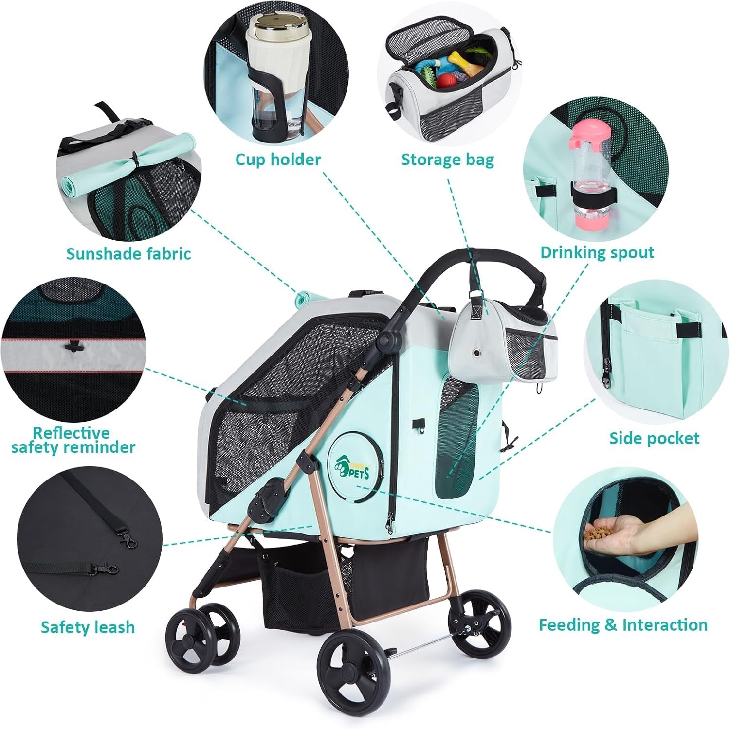 3 in 1 Pet Stroller Dog Pushchair Detachable Carrier 30kg 4 Wheel Fold