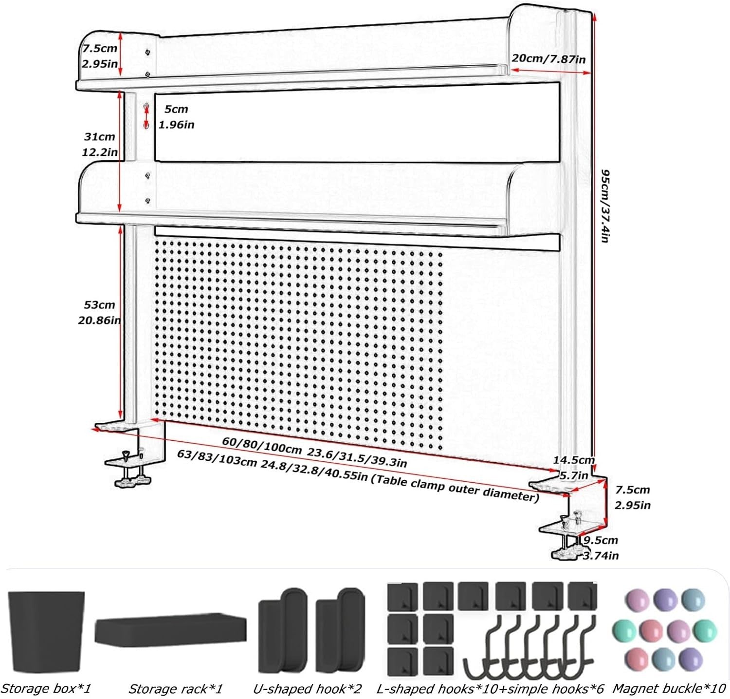 Clamp-On Desk Organizer Shelf 2-Tier Pegboard Workstation Rack 60cm Black