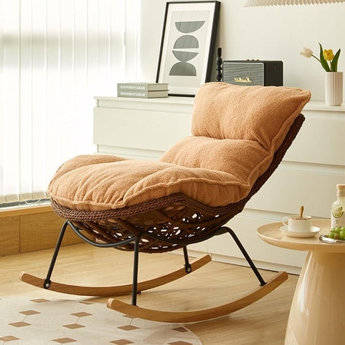 Oversized Khaki Rocking Chair with Plush Teddy Upholstery & Durable Rattan Frame