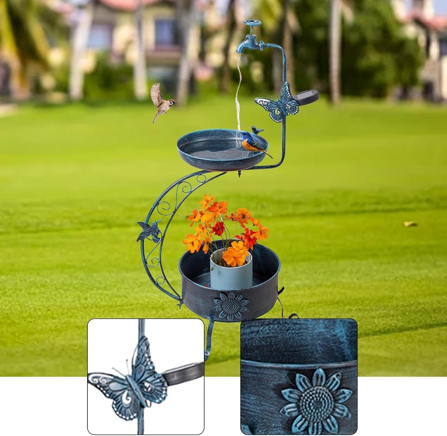 Outdoor Bird Bath with Solar Light & Planter Stand 36” Garden Patio Decor