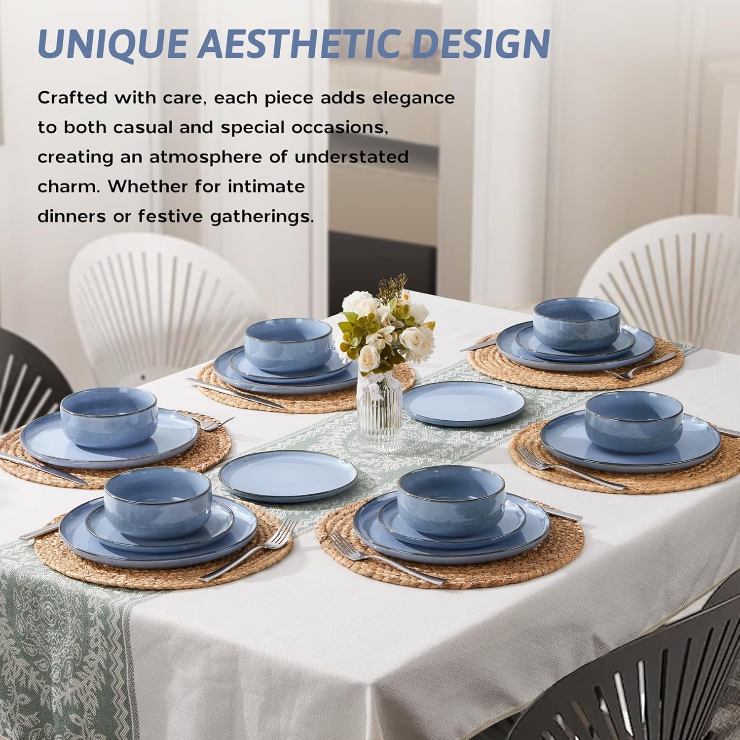 18pc Stoneware Dinner Set for 6 Blue Plates Bowls Microwave Safe