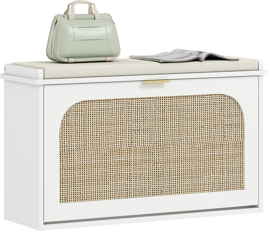 Compact Shoe Storage Bench with Flip Drawer & Padded Seat, Holds 8 Pairs