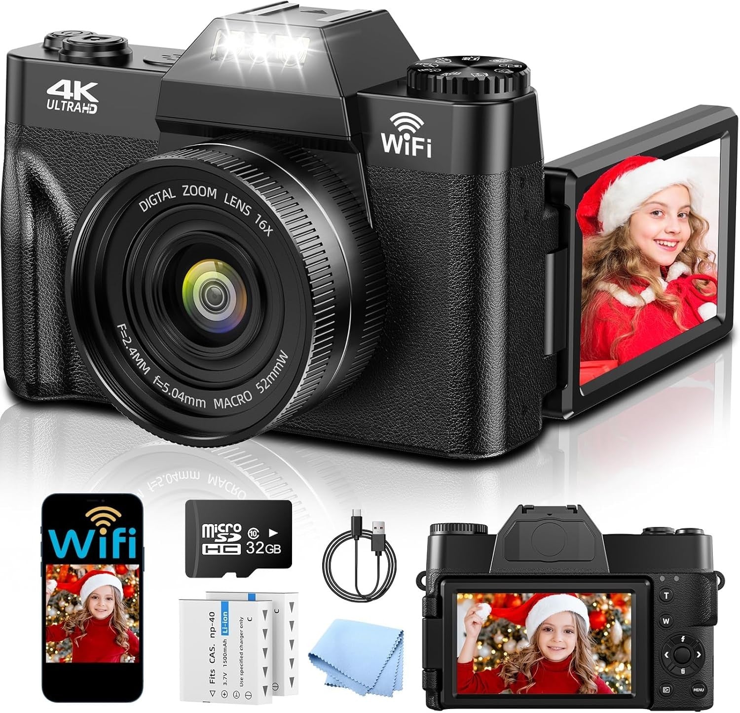 4K 75MP WiFi Digital Camera Flip Screen Vlogging Camera 32GB 16X Zoom