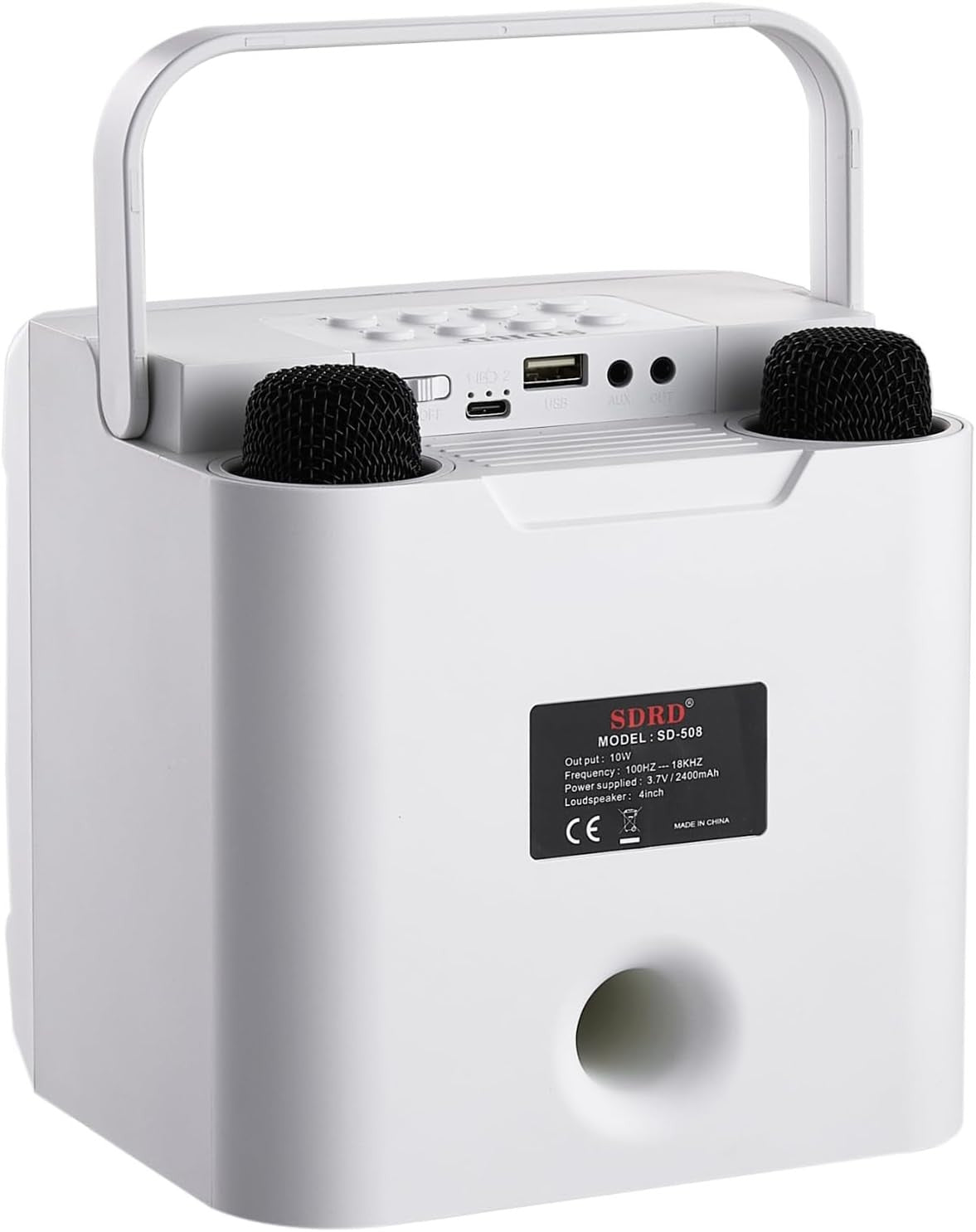 Bluetooth Karaoke Machine 2 Wireless Mics LED Lights White 16x13.5x22cm