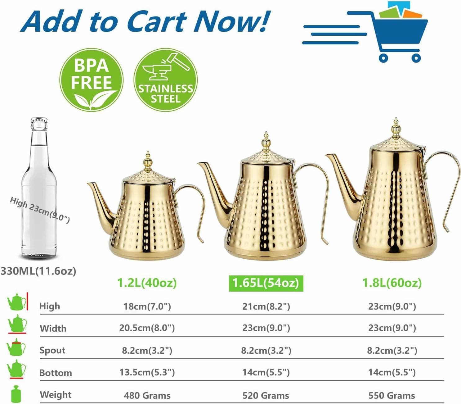 1.6L Stainless Steel Teapot with Infuser Gold Hammered Tea Pot 6 Cup