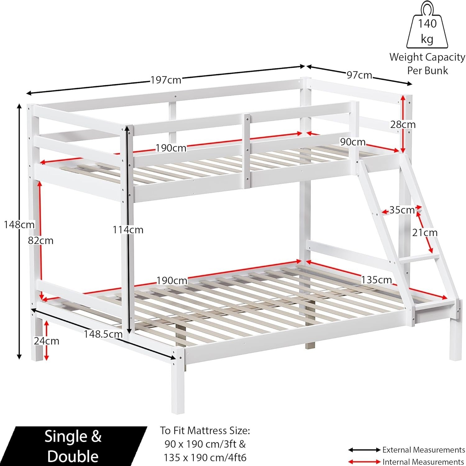 Triple Bunk Bed White Wooden Frame Kids Sleeper with Ladder 4FT 3FT Safe