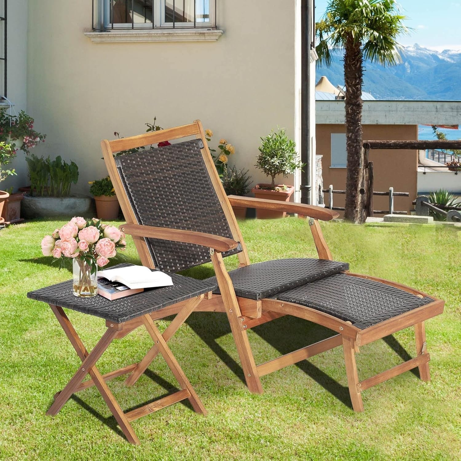 Outdoor Rattan Sun Lounger Recliner with Retractable Ottoman & Side Table
