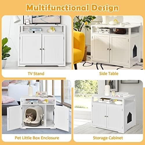 Modern Cat Litter Box Enclosure with 2 Holes, Doors & Side Table
