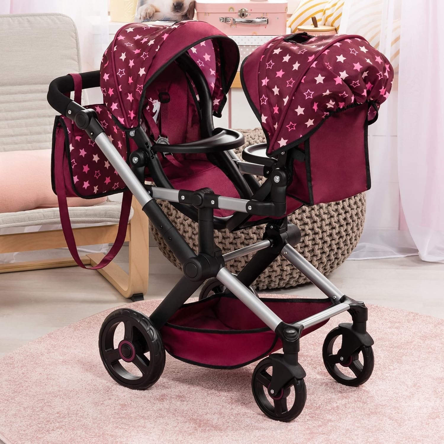 Double Dolls Stroller Carriage Foldable Adjustable Handle Basket Bag
