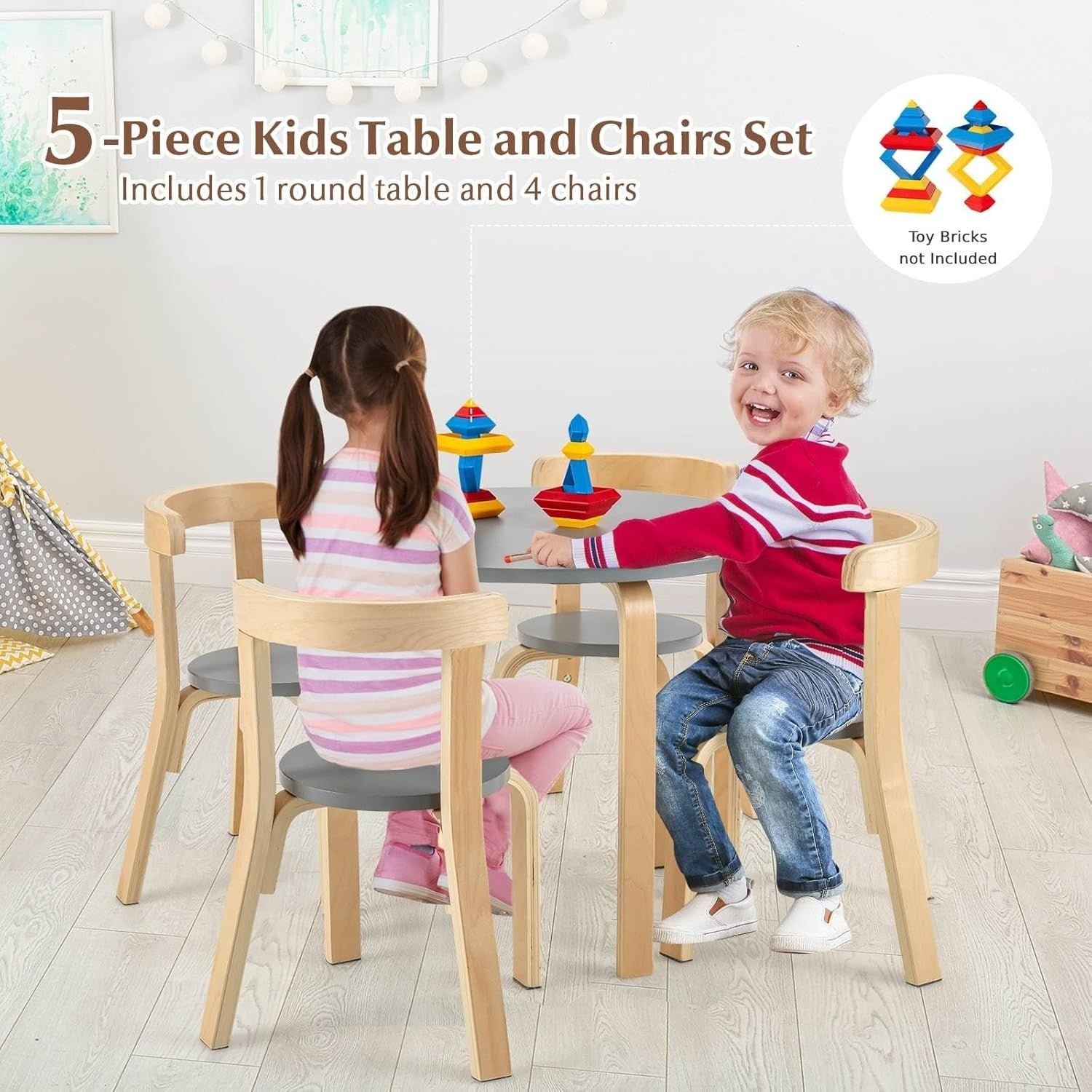 Kids Round Table & 4 Chairs Set Wooden Activity Desk Space-Saving Design