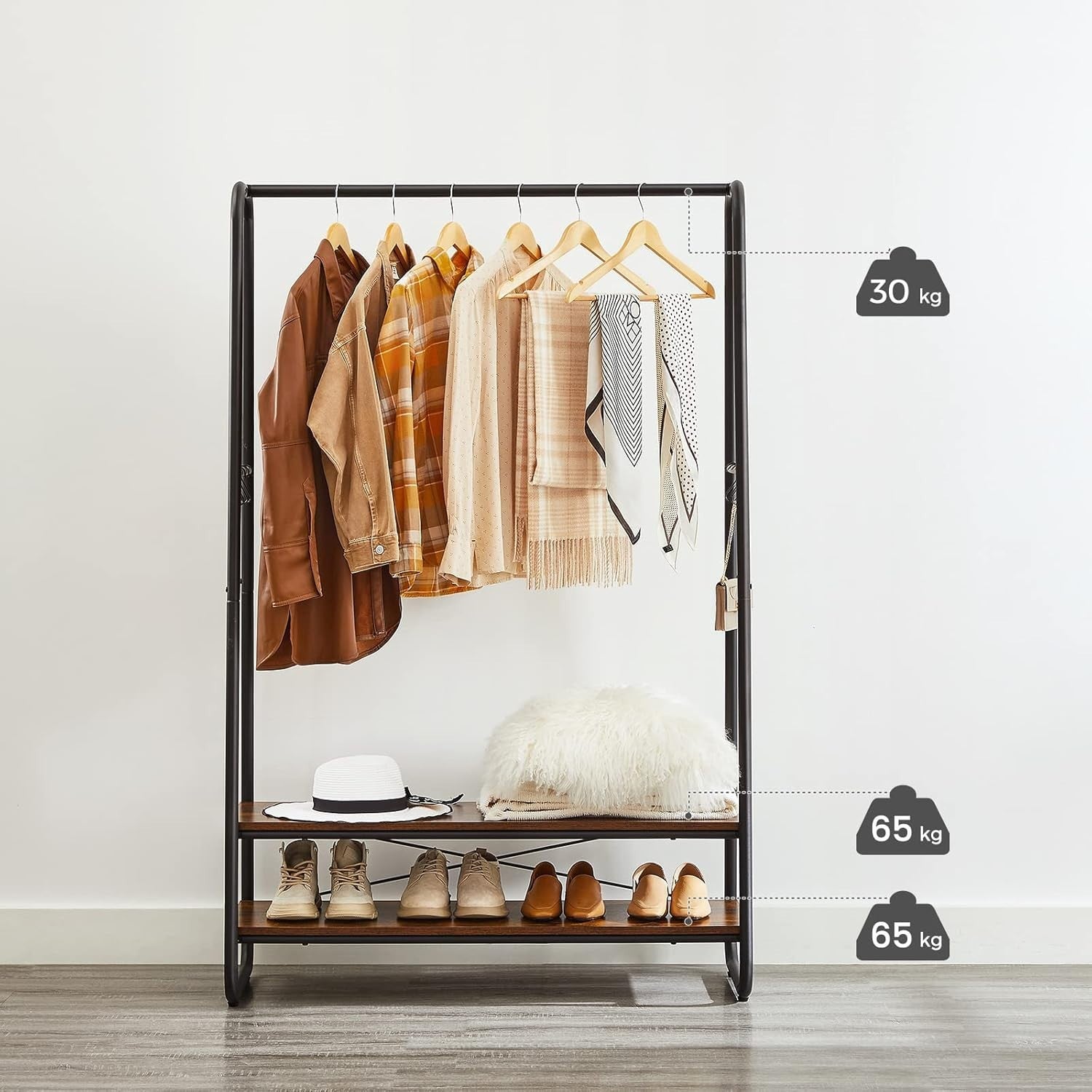 Heavy Duty Clothes Rail with Shelves & Hooks Rustic Brown Black