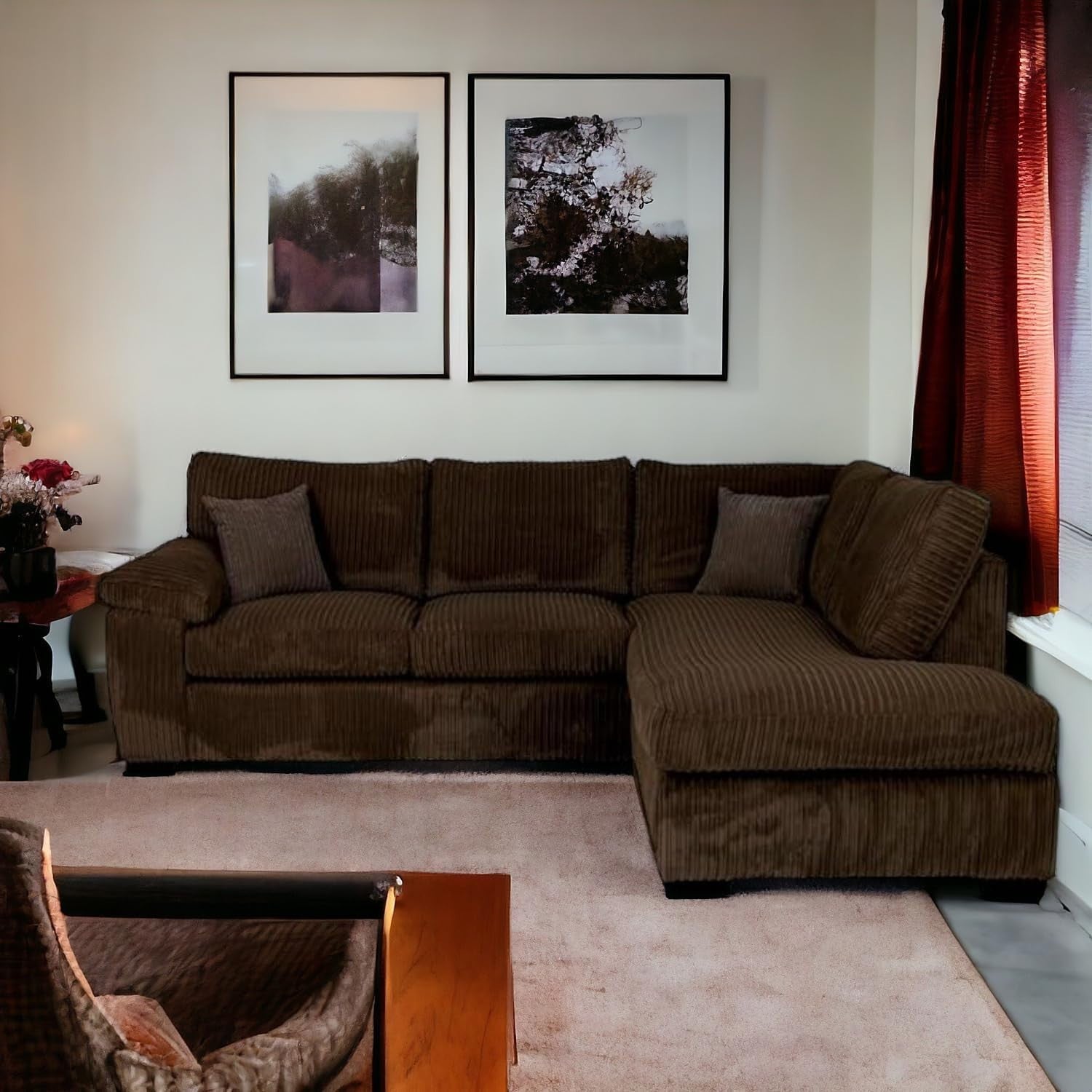 Spacious Jumbo Cord Brown L-Shape 4-Seater Corner Sofa – Cozy & Stylish