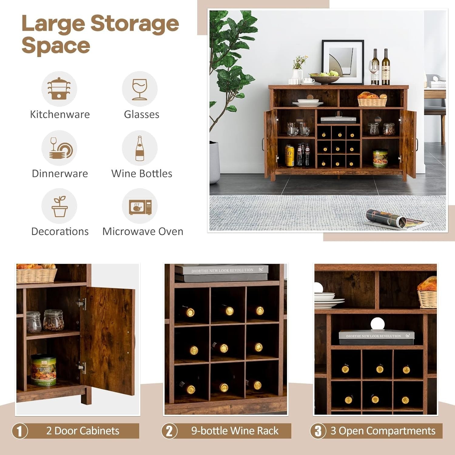 Rustic Buffet Sideboard Drinks Cabinet with 9-Bottle Wine Rack & Adjustable