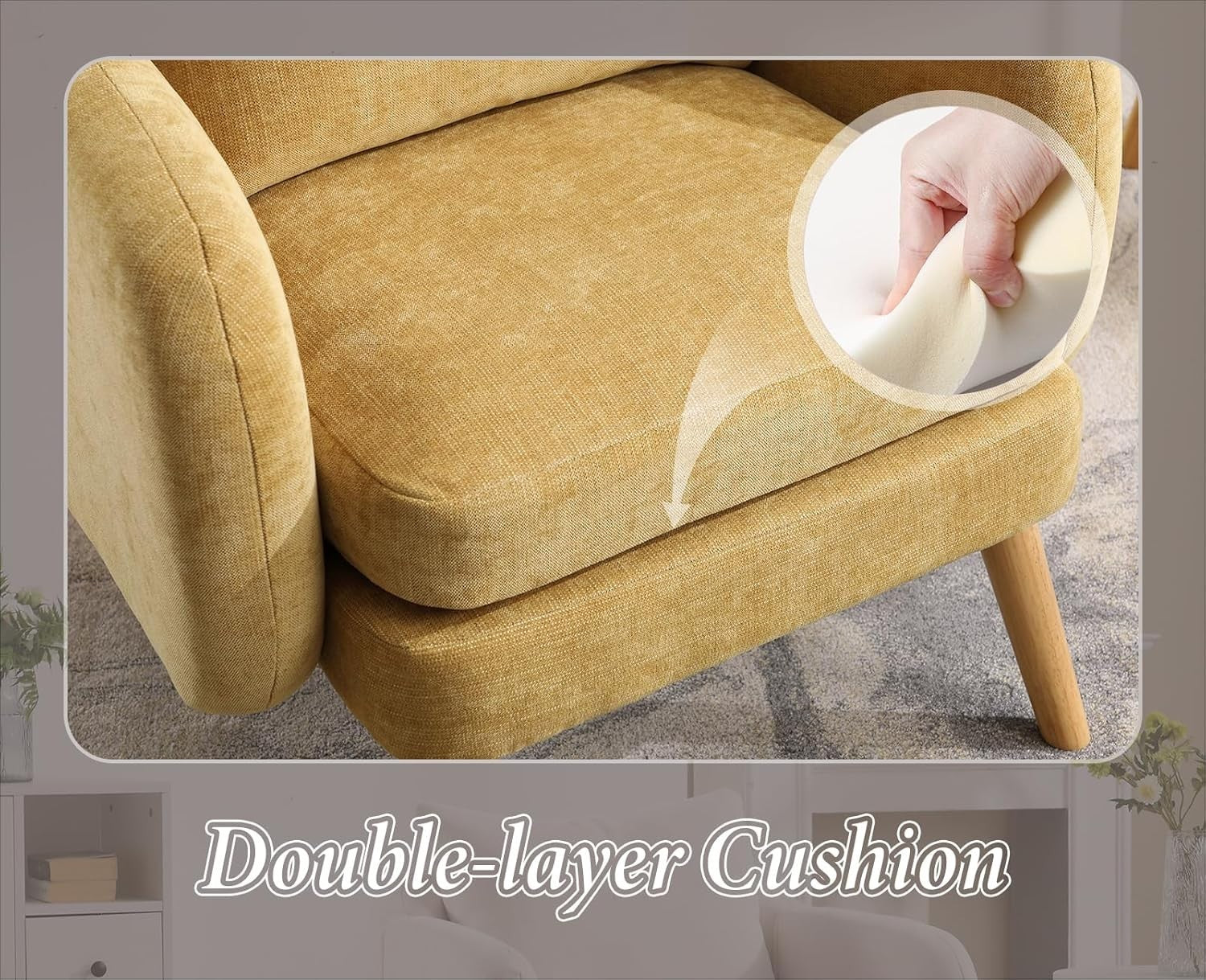 Yellow Accent Armchair Chenille Lounge Chair with Wood Legs for Living Room