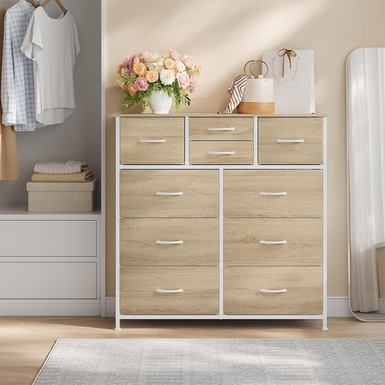Tall Chest of Drawers 10 Fabric Storage Unit Light Oak White Metal Frame