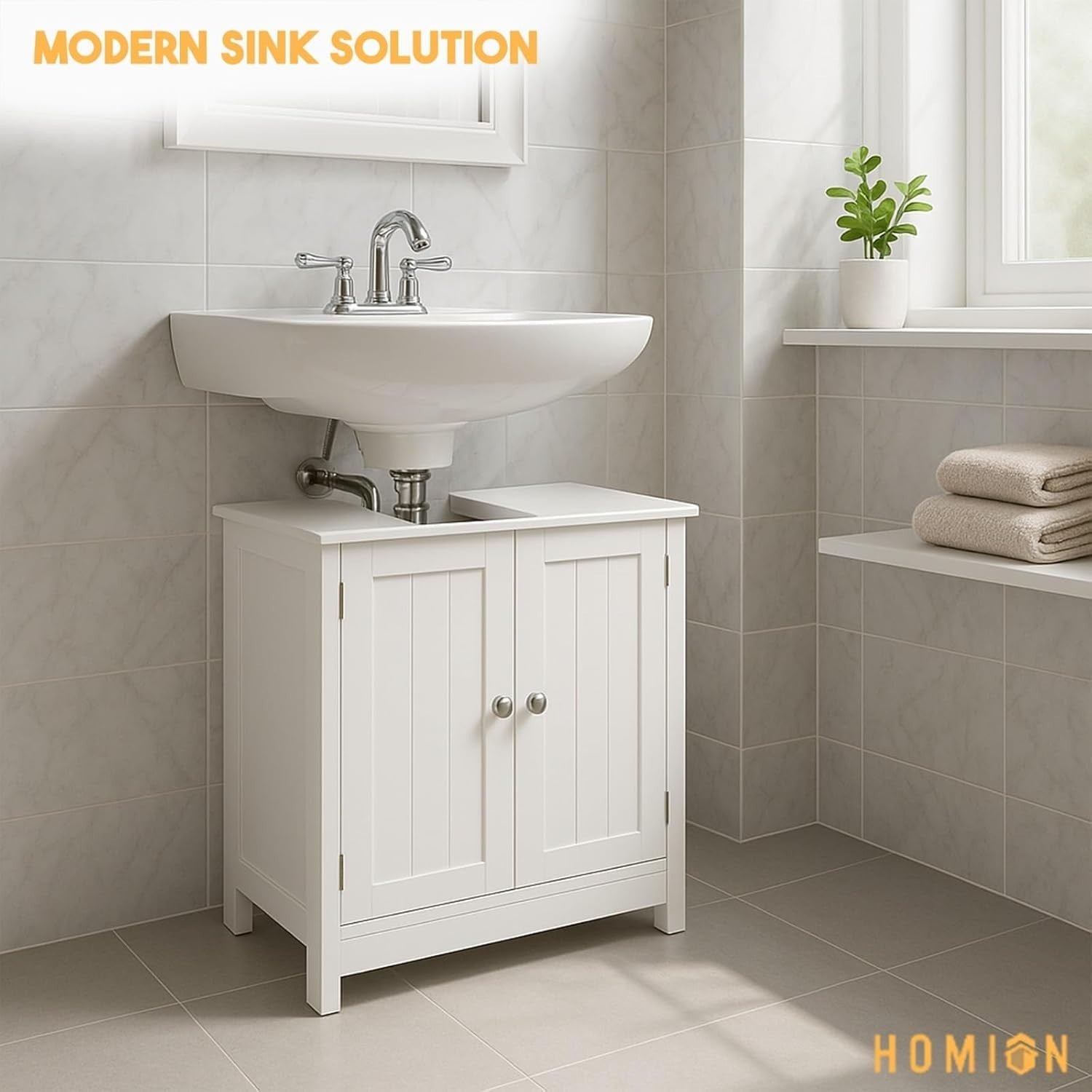 White Under Sink Bathroom Cabinet with Doors & Shelf Storage 60x30x60cm