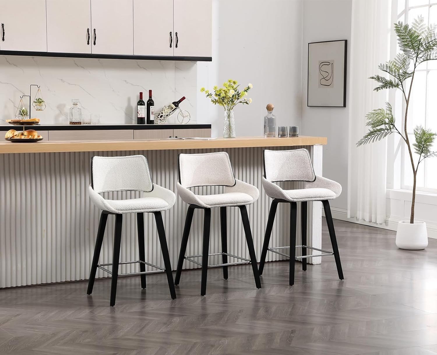Modern White Bar Stools Set of 2 | Sherpa Seat, Solid Wood Frame