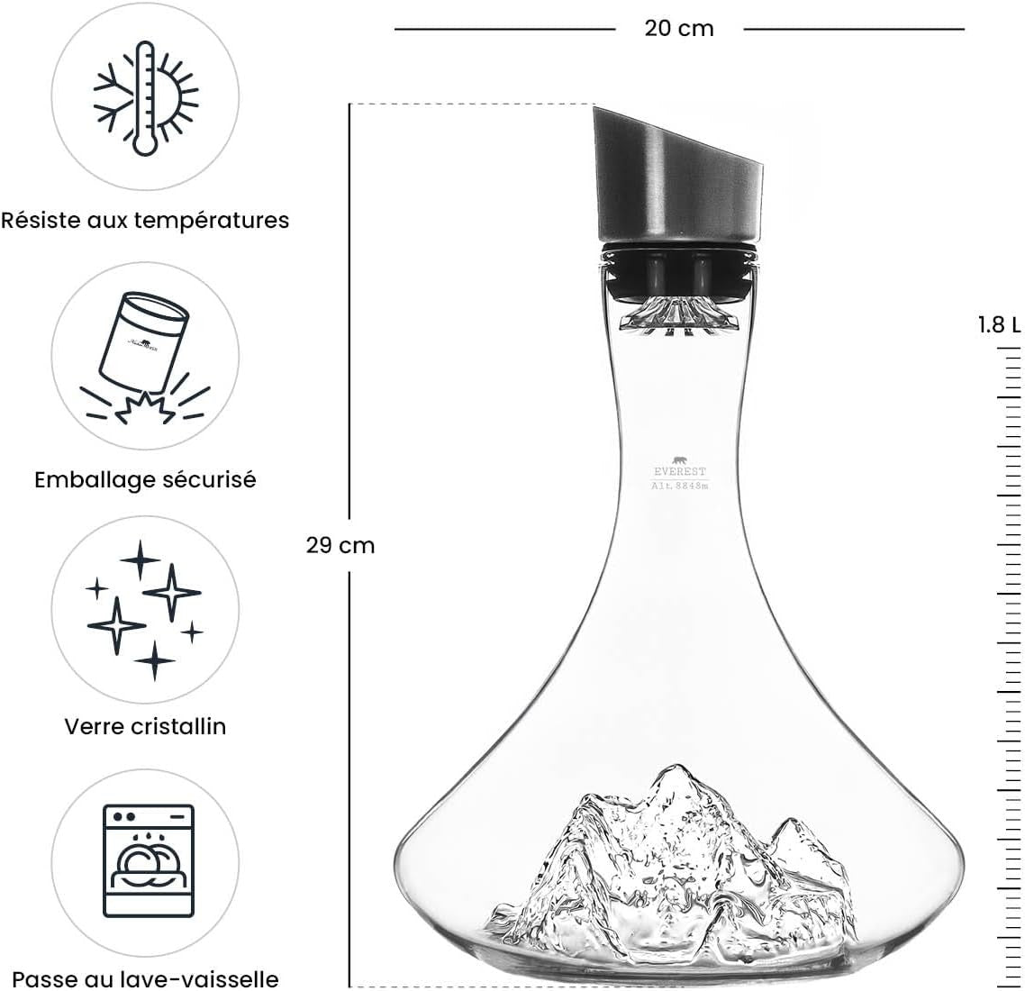 1.8L Crystal Wine Decanter with Mountain Base & 3-in-1 Aerator Stopper