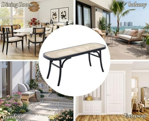 Black Rattan Ottoman Bench with Wood Legs – Retro Dining & Hallway Seat
