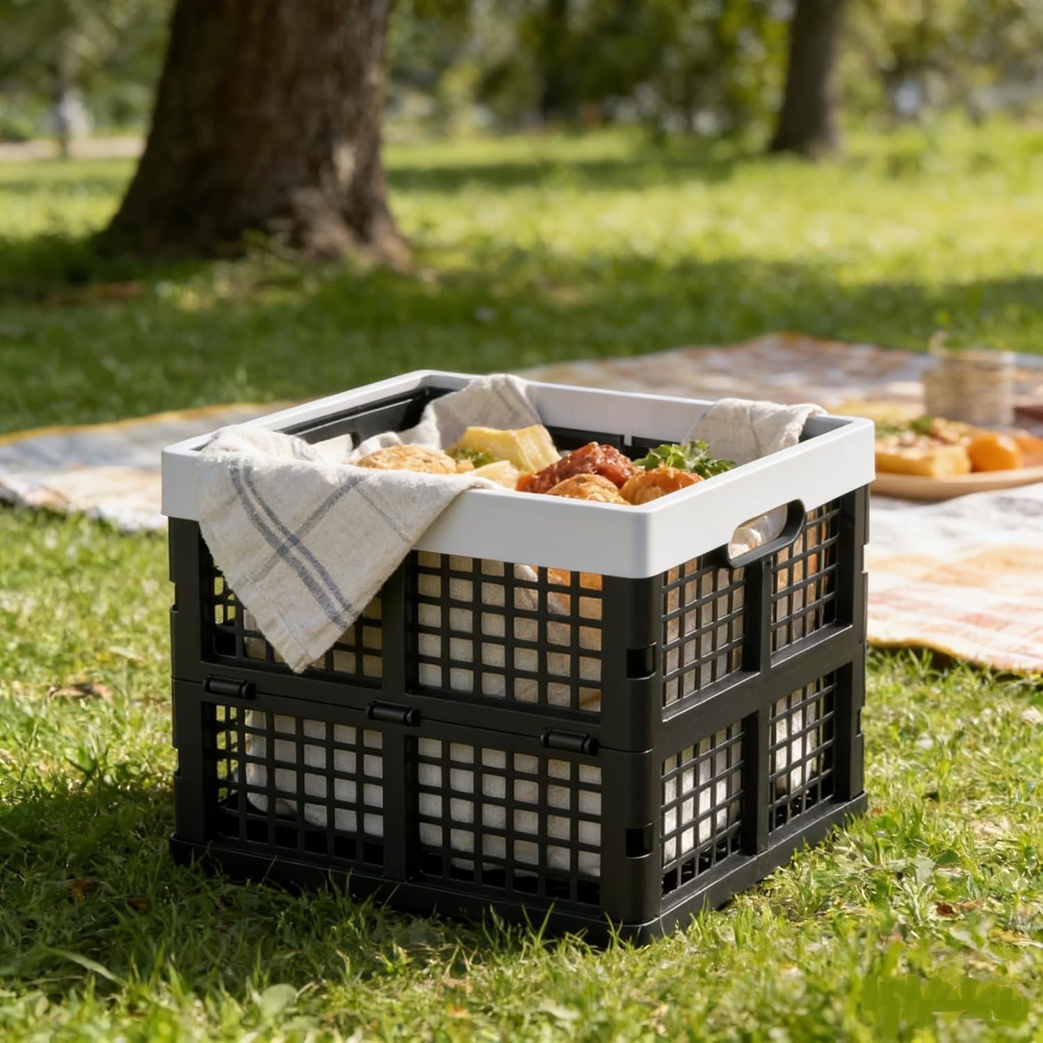 3 Pack 18L Folding Plastic Storage Crates Stackable 29.2cm Black
