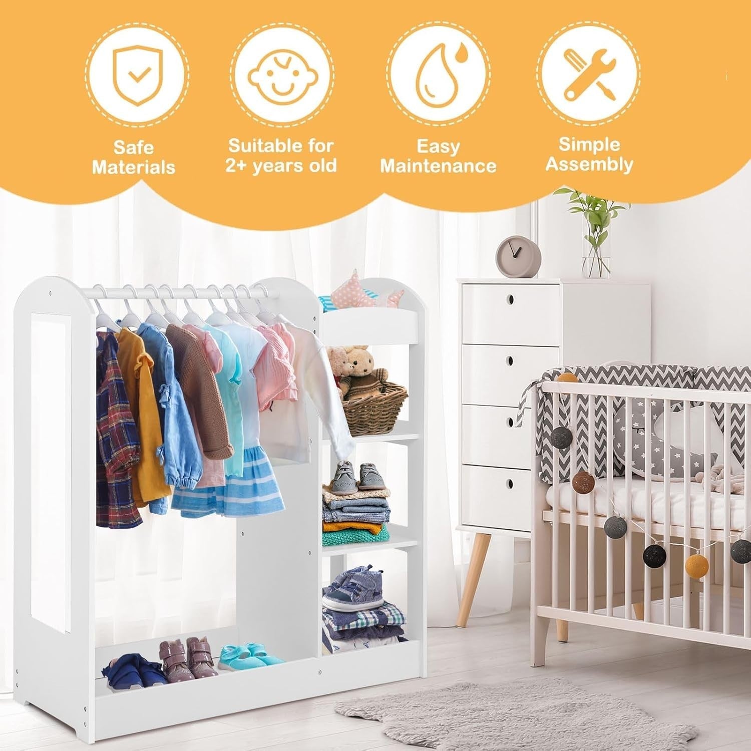 Kids Wooden Wardrobe Dress Up Storage with Mirror Clothes Rail Shelves White