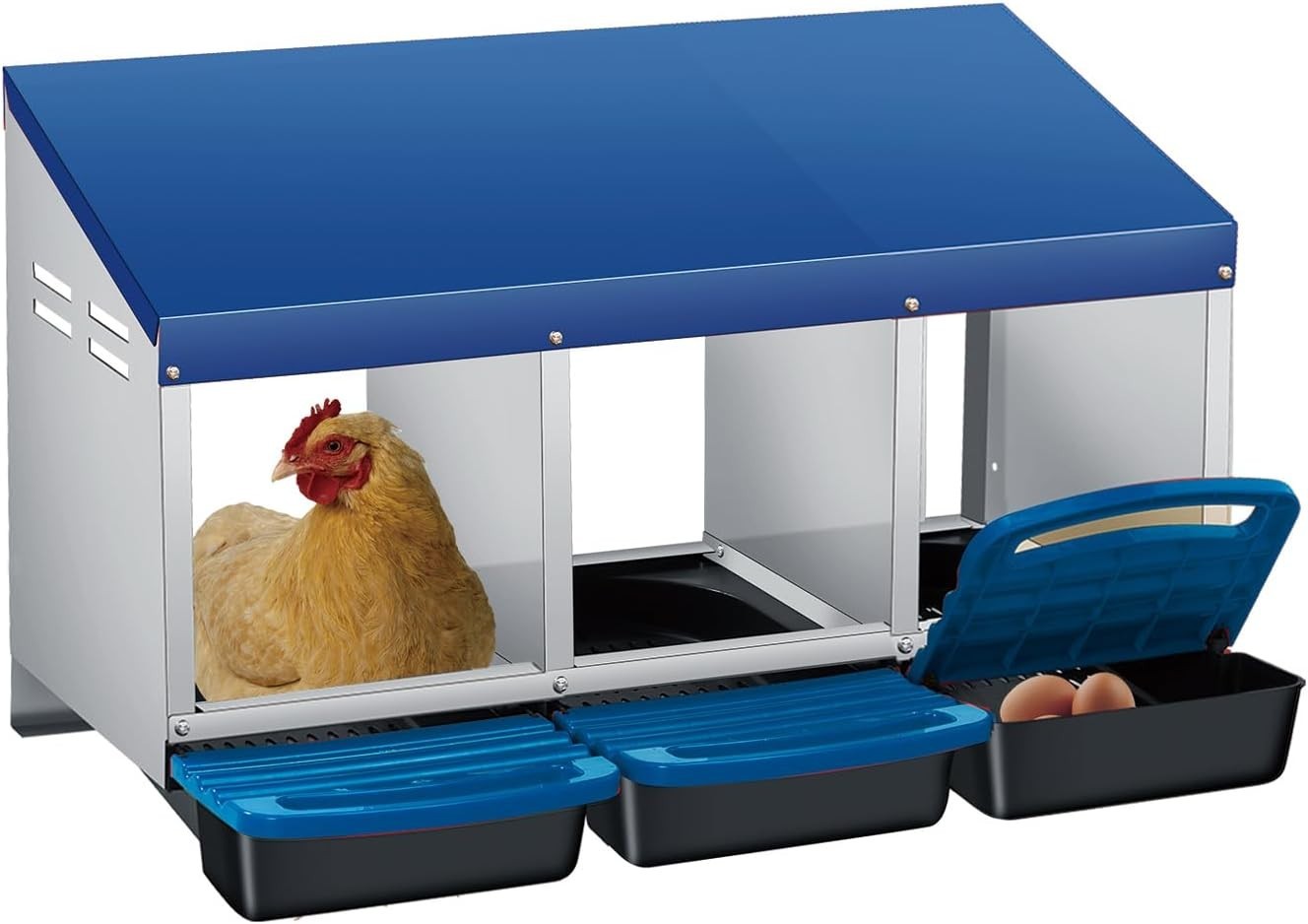 3 Chamber Galvanised Steel Chicken Nest Box Pull Out Tray