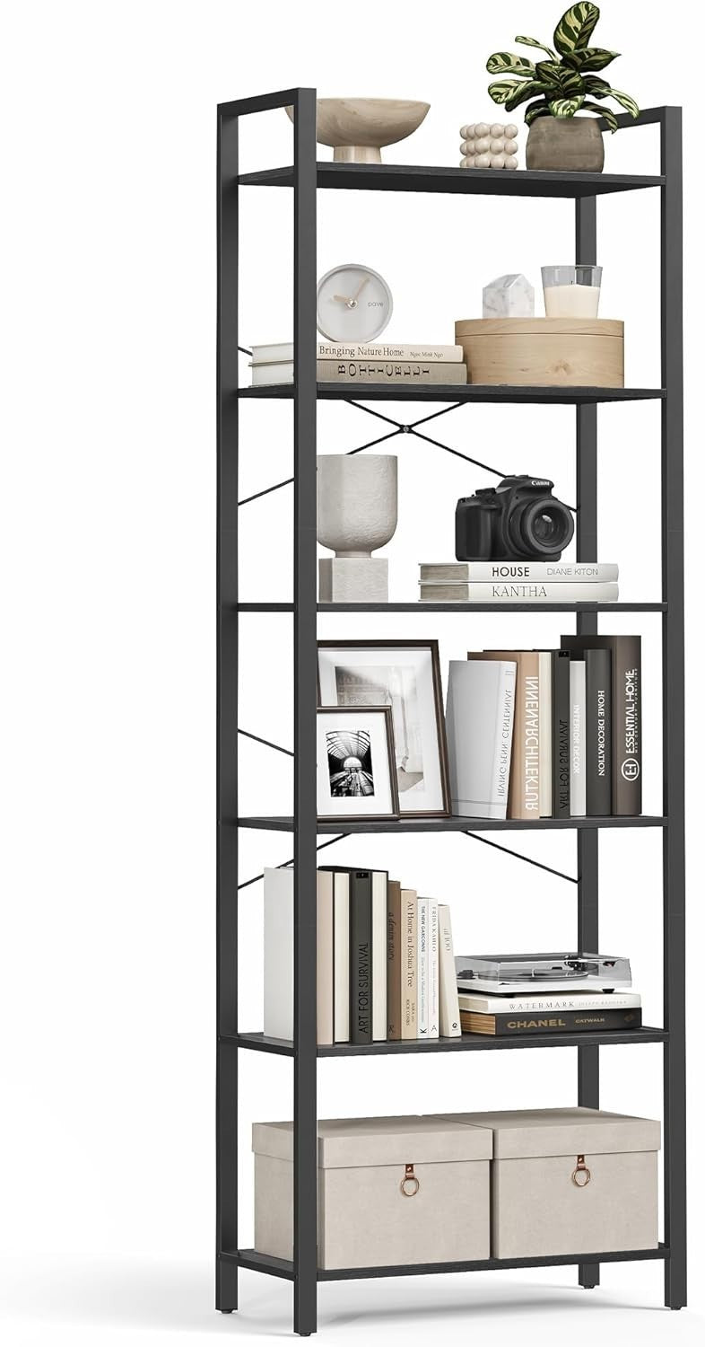 6-Tier Industrial Bookshelf 186cm Tall Wide Storage Unit Ebony Black