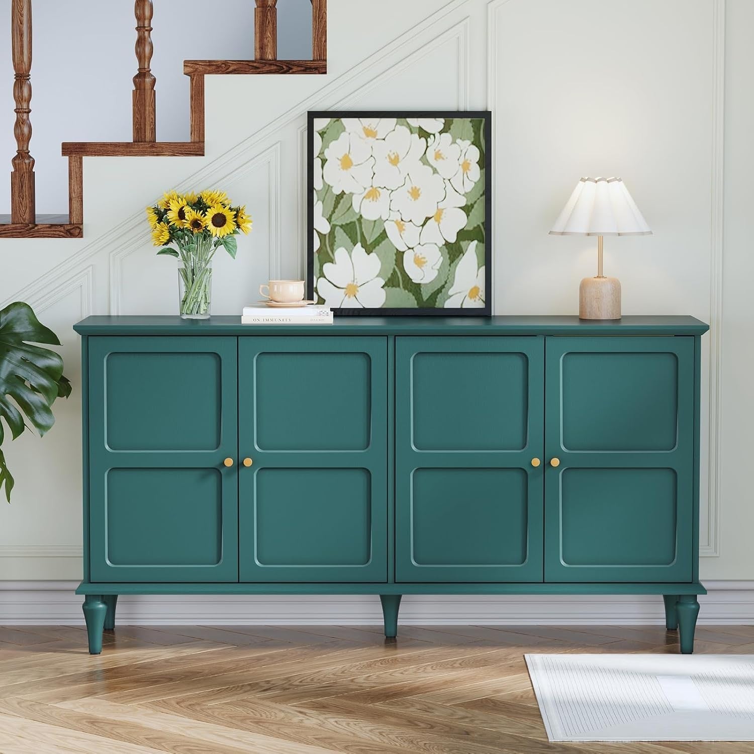 Mid-Century Green Sideboard with Wine Glass Rack, 4 Doors, Large Storage