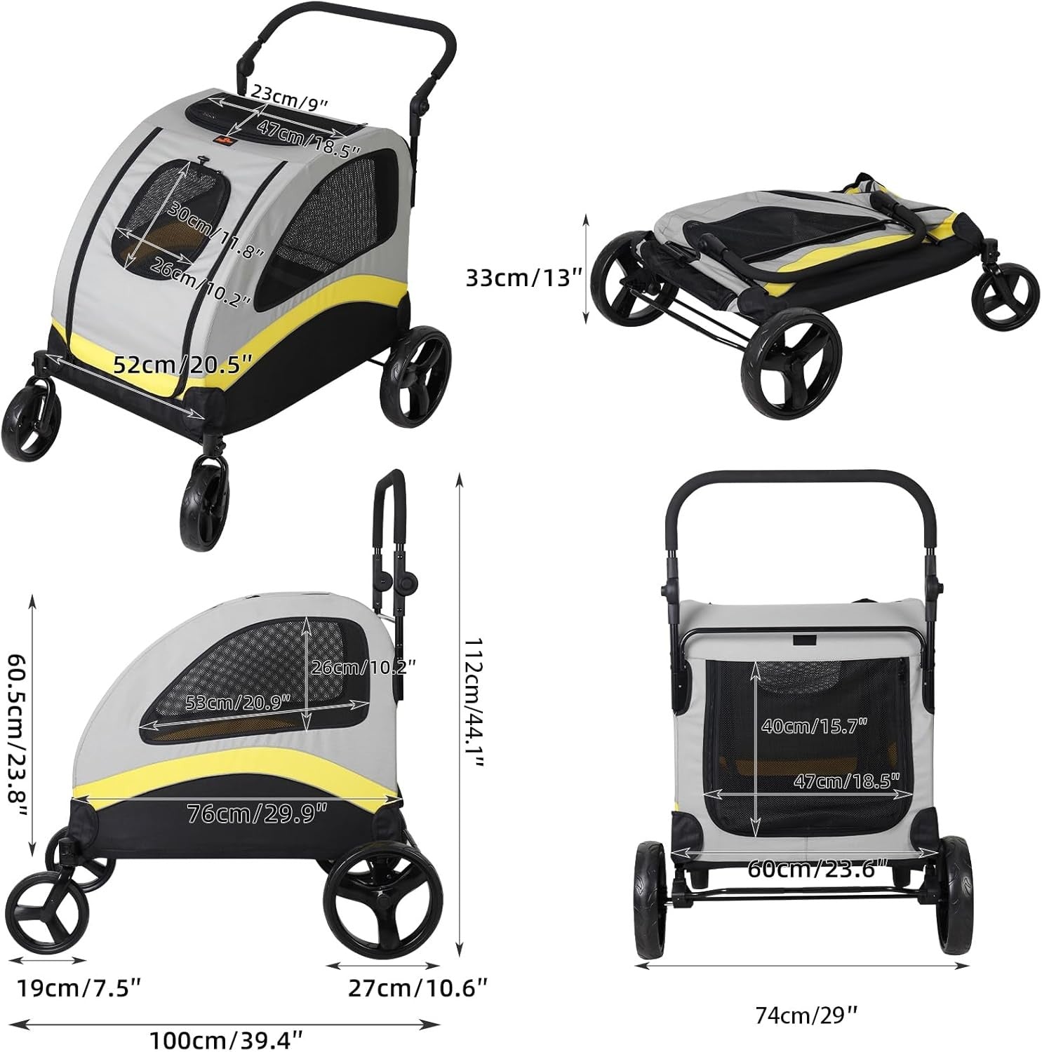 Heavy Duty Dog Stroller 2-in-1 Pet Buggy Foldable 42kg Silver Grey