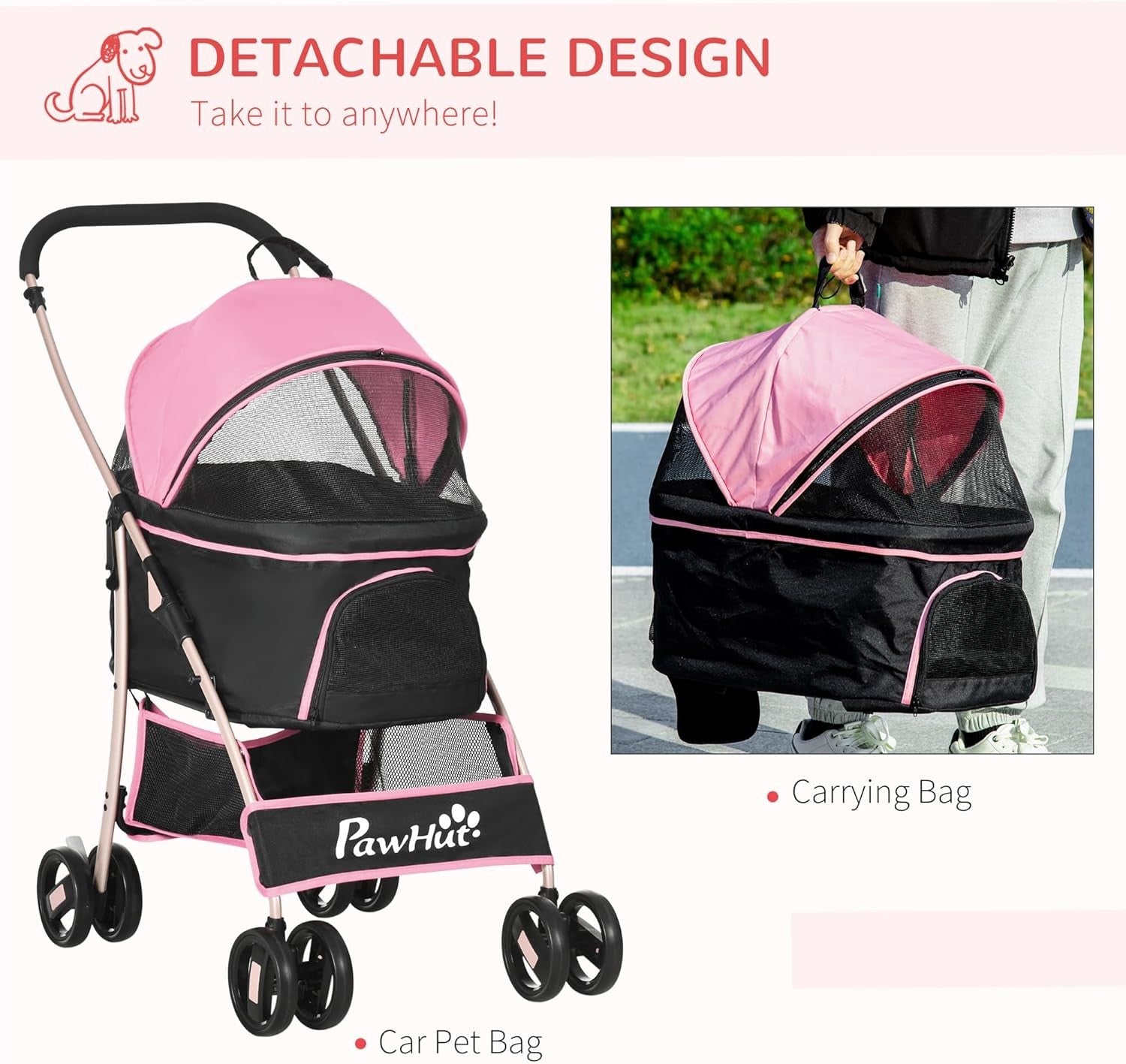 Pet Stroller 3-in-1 Foldable Dog Pushchair Rain Cover Pink Small Dogs