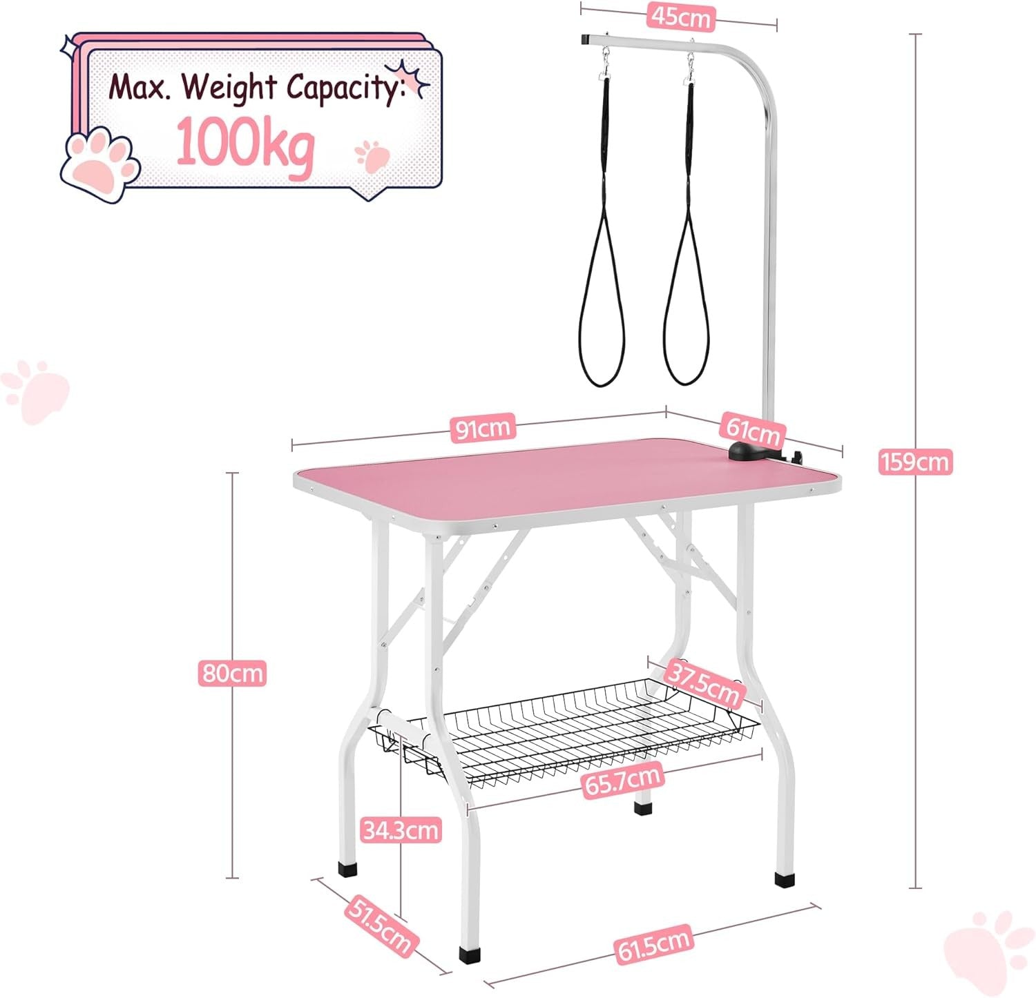 36" Dog Grooming Table Adjustable Height Non Slip Foldable w Arm Basket