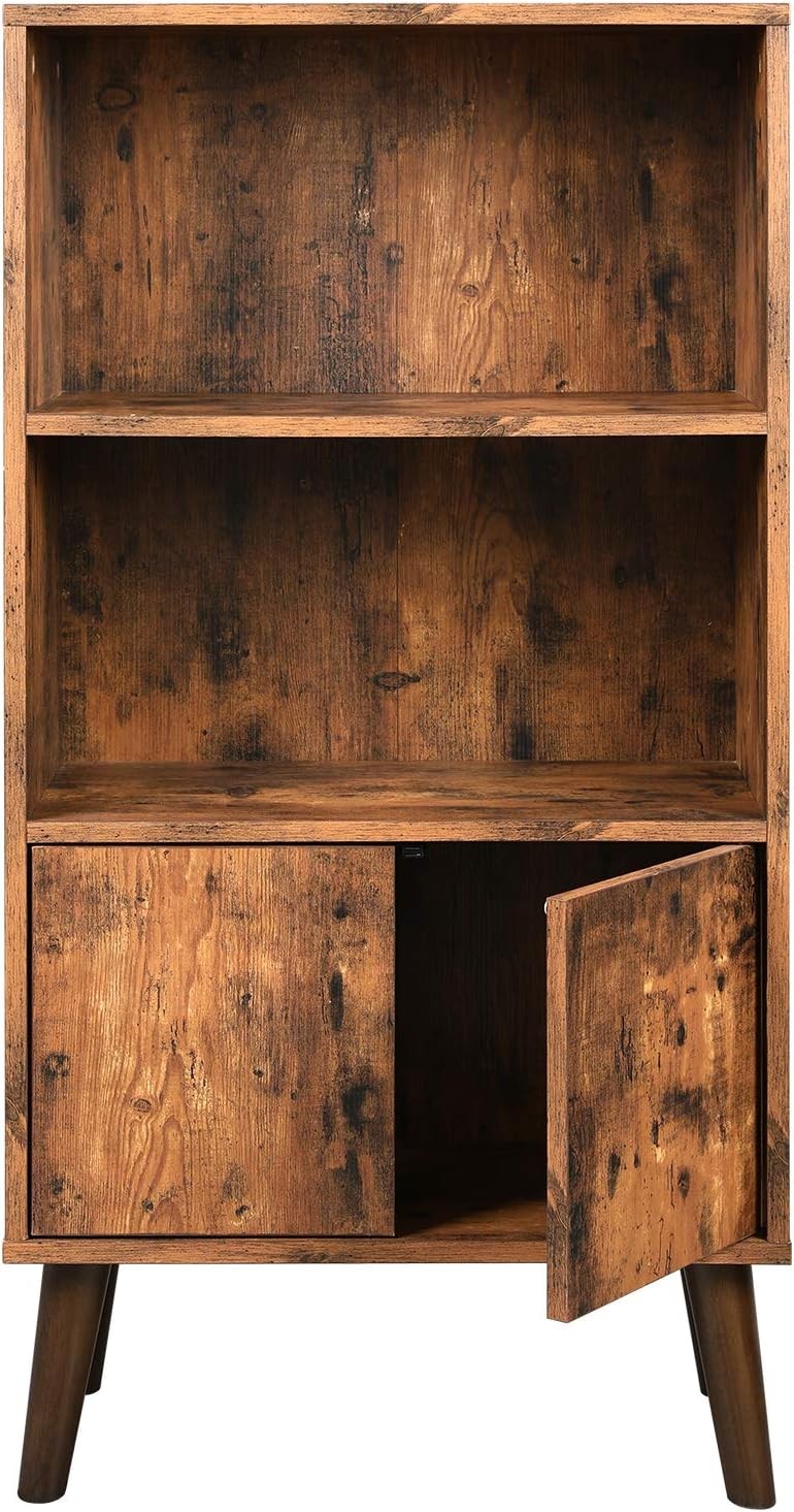 3-Tier Rustic Bookcase with Cabinet – Mid-Century Storage Shelf for Home & Offic