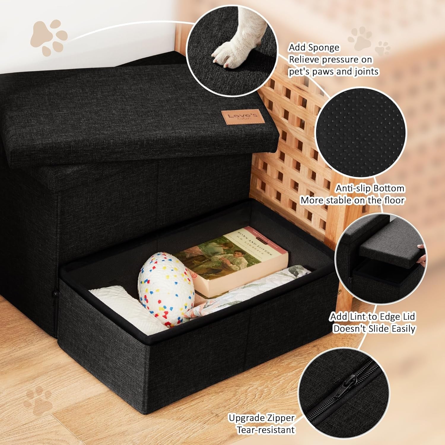 Dog Stairs with Storage 2 Step Foldable Pet Steps Ramp Black 13"